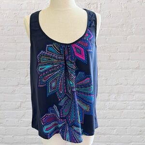 Alice & Trixie Navy Silk Tank with Bright Geometric Print